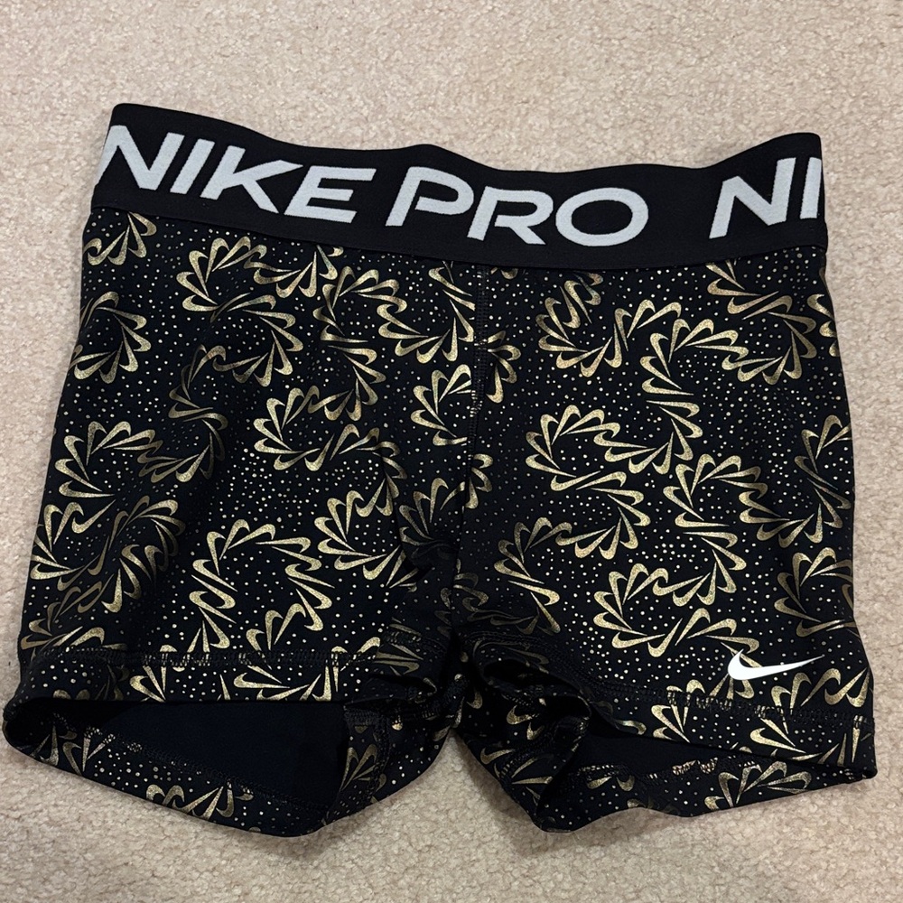 Nike Pro Black and Gold Leaf Pattern Shorts